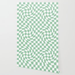 Large Checkerboard Swirl - White & Mint Green Wallpaper