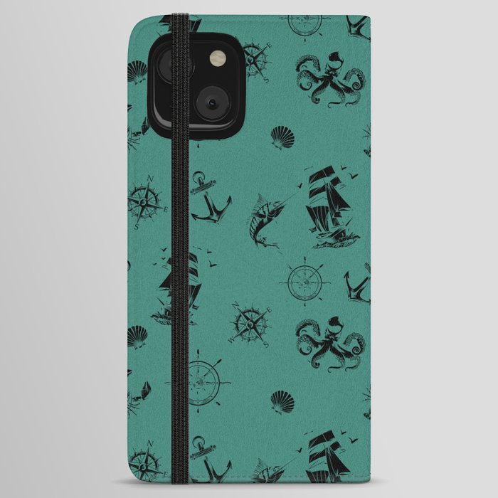 Green Blue And Black Silhouettes Of Vintage Nautical Pattern iPhone Wallet Case