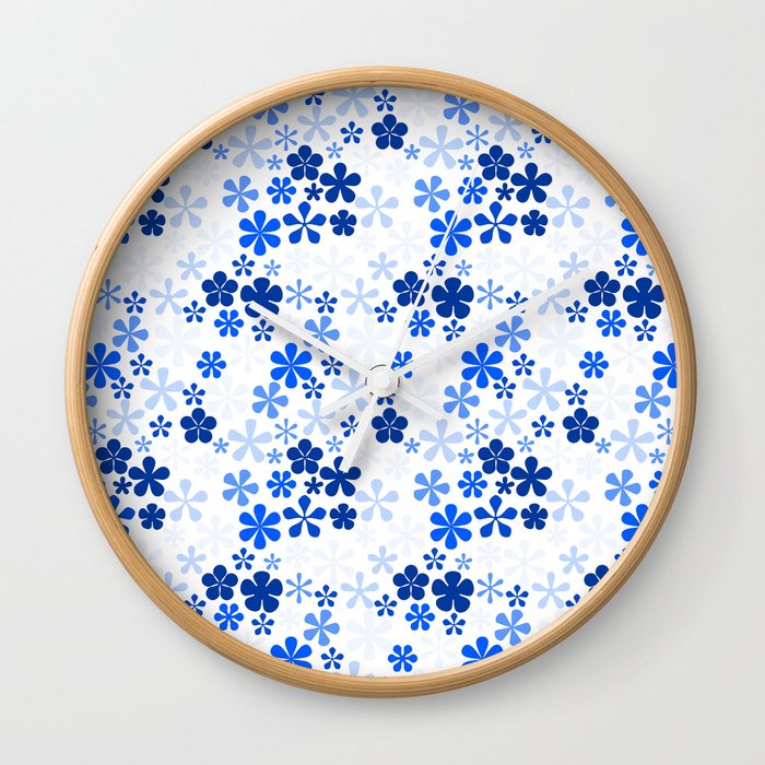 azul blue and white eclectic daisy print ditsy florets Wall Clock
