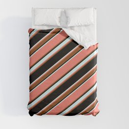[ Thumbnail: Salmon, Brown, Black & Light Cyan Colored Pattern of Stripes Duvet Cover ]