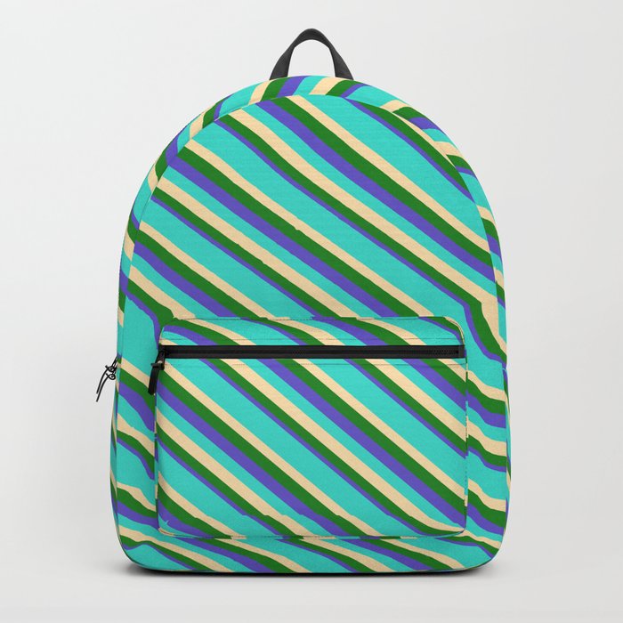 Turquoise, Beige, Forest Green, and Slate Blue Colored Lines/Stripes Pattern Backpack