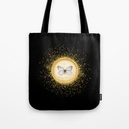 Hand-Drawn Butterfly Gold Circle Pendant on Black Tote Bag