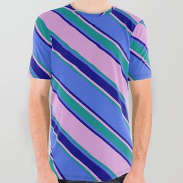 [ Thumbnail: Plum, Dark Cyan, Royal Blue, and Blue Colored Lined Pattern All Over Graphic Tee ]