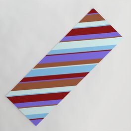 [ Thumbnail: Medium Slate Blue, Sienna, Light Cyan, Light Sky Blue, and Dark Red Colored Striped Pattern Yoga Mat ]
