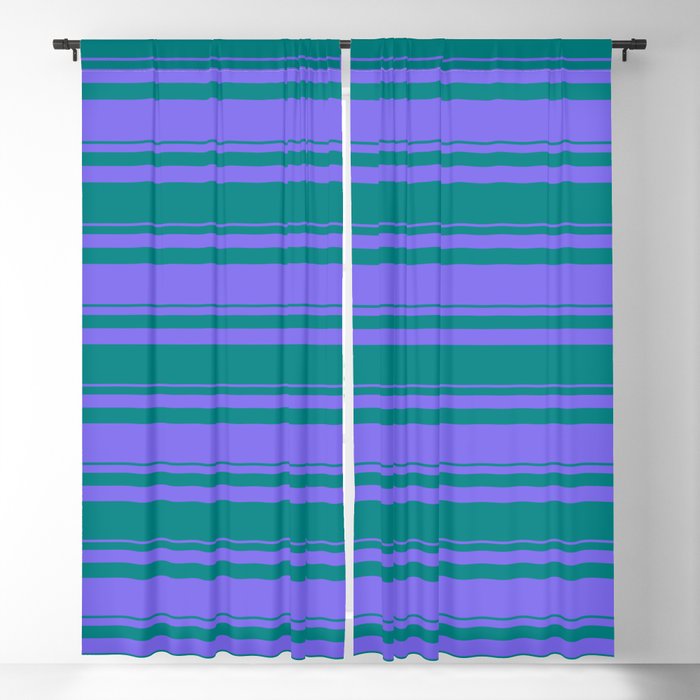 Teal & Medium Slate Blue Colored Striped/Lined Pattern Blackout Curtain