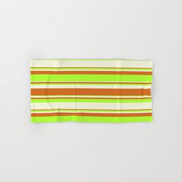 [ Thumbnail: Beige, Chocolate & Light Green Colored Lined/Striped Pattern Hand & Bath Towel ]