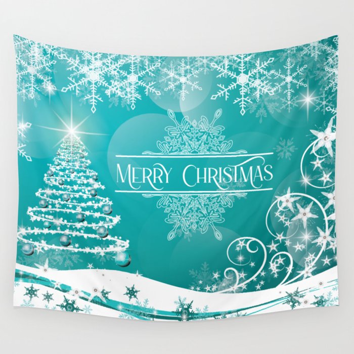 Merry Christmas, Christmas Tree, Snowflakes, Flowers and Stars on Aqua  Wall Tapestry