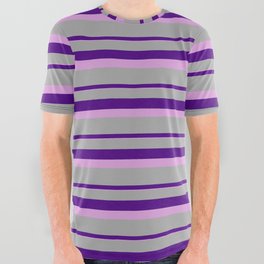 [ Thumbnail: Dark Grey, Indigo, and Plum Colored Lined/Striped Pattern All Over Graphic Tee ]