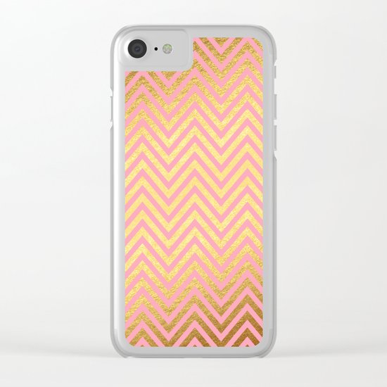 Chevron Herringbone pattern rosegold- gold metal glitter on pink watercolor Clear iPhone Case