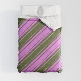 [ Thumbnail: Violet and Dark Olive Green Colored Lines/Stripes Pattern Comforter ]