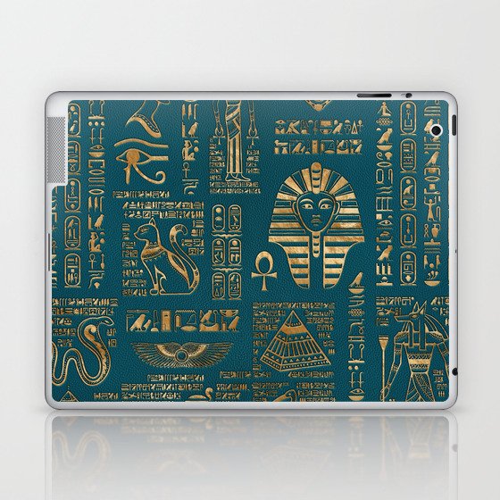 Egyptian hieroglyphs and deities - Gold on teal Laptop & iPad Skin