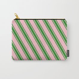 [ Thumbnail: Pink and Forest Green Colored Pattern of Stripes Carry-All Pouch ]