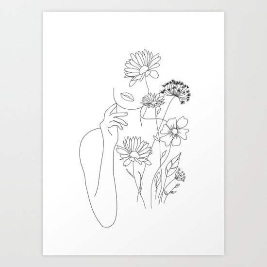 Minimal Line Art Woman With Flowers Iii Art Print