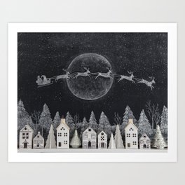 Christmas Village Chalkboard Santa & Reindeer Art Print
