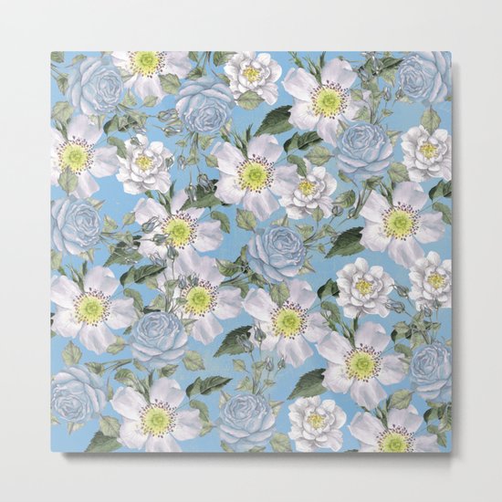 Vintage Rose Pattern Blue Metal Print