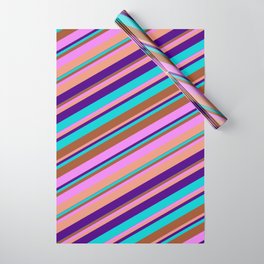 [ Thumbnail: Eye-catching Sienna, Violet, Dark Salmon, Indigo, and Dark Turquoise Colored Lined Pattern Wrapping Paper ]