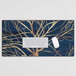 Modern Gold Tree Silhouette Minimal Blue Design Desk Mat