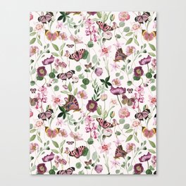 Watercolor Hand Painted Midsummer Pink Flowers And Butterflies Meadow Canvas Print
