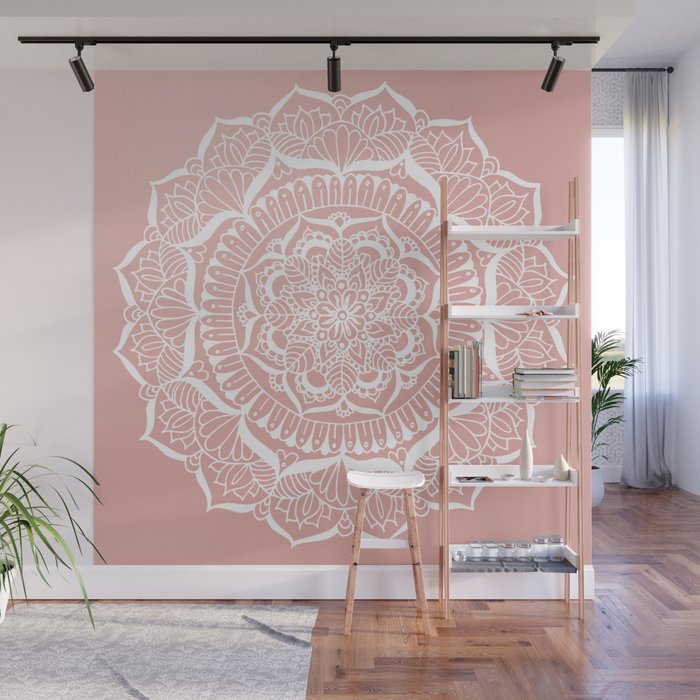 White Flower Mandala on Rose Gold Wall Mural
