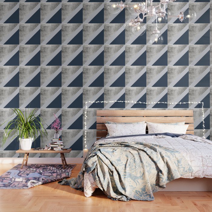Modern minimalist navy blue grey and silver foil geometric color block  Wallpaper by Girly Trend by Audrey Chenal | Society6