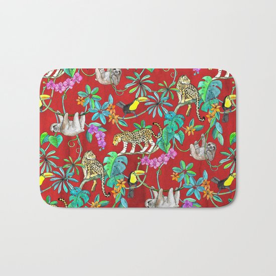 Rainforest Friends - watercolor animals on textured red Bath Mat