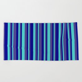 [ Thumbnail: Dark Blue, Dark Slate Blue & Turquoise Colored Pattern of Stripes Beach Towel ]