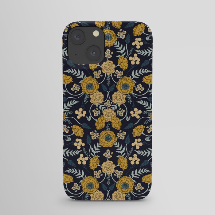 Navy Blue, Turquoise, Cream & Mustard Yellow Dark Floral Pattern iPhone Case