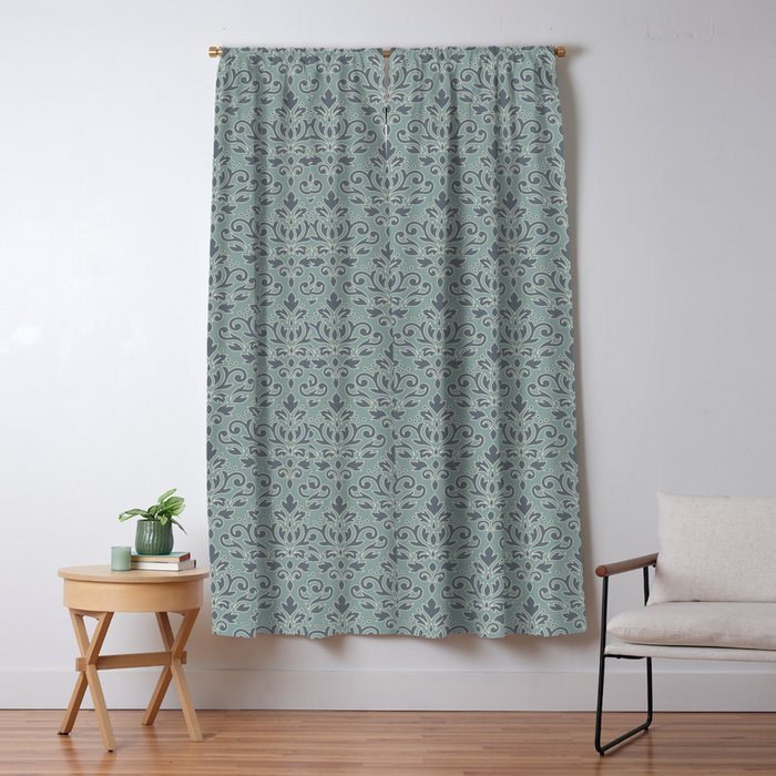 Scroll Damask Outline Pattern Blue Cream Teal Blackout Curtain