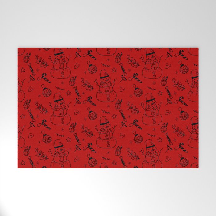 Red and Black Christmas Snowman Doodle Pattern Welcome Mat