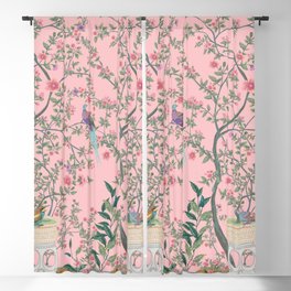 Chinoiserie Pink Fresco Floral Garden Birds Oriental Botanical Blackout Curtain