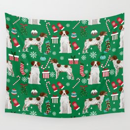 Brittany Spaniel christmas pattern dog breed presents stockings candy canes Wall Tapestry