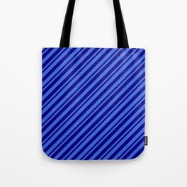 [ Thumbnail: Royal Blue & Blue Colored Lined/Striped Pattern Tote Bag ]