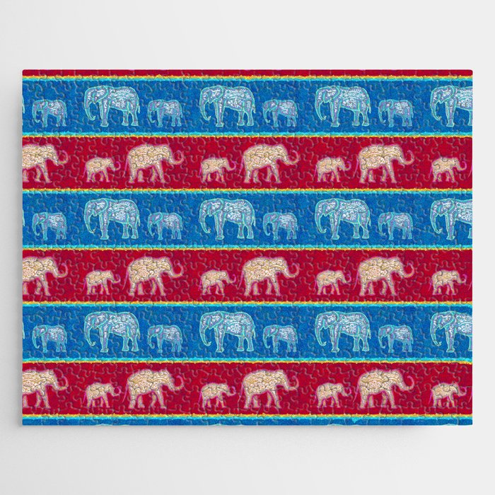 Bright Velvet Elephants on Red and Blue Stripes Jigsaw Puzzle