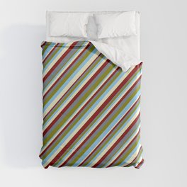 [ Thumbnail: Maroon, Slate Gray, Green, Light Sky Blue, and Light Yellow Colored Stripes/Lines Pattern Duvet Cover ]