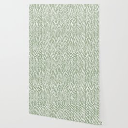 Boho, Abstract, Herringbone Pattern, Sage Green and White Wallpaper