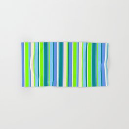 [ Thumbnail: Eye-catching Chartreuse, Light Sky Blue, Dark Cyan, Cornflower Blue, and Beige Colored Lines Pattern Hand & Bath Towel ]