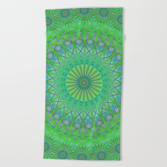 Green web mandala Beach Towel