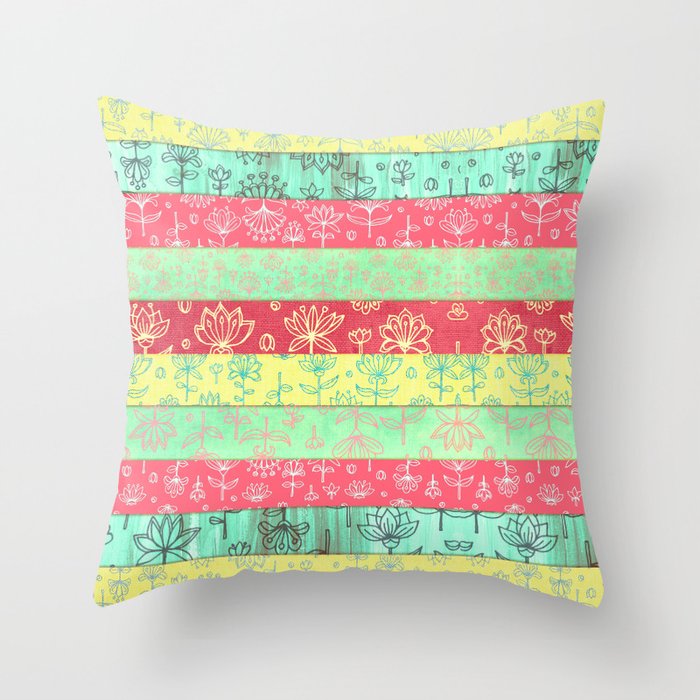 Lily & Lotus Layers in Mint Green, Coral & Buttercup Yellow Throw Pillow