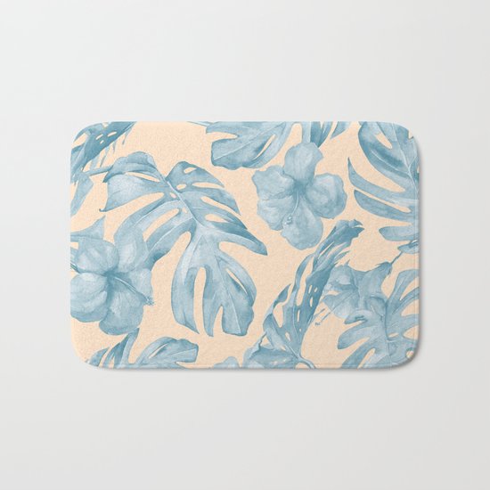 Tropical Leaves Sky Blue on Mango Coral Bath Mat