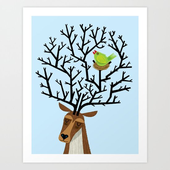 The Tree Stag and The Green Finch Art Print