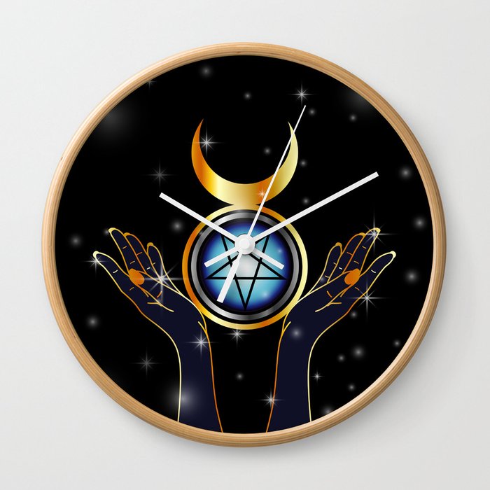 Triple Goddess symbol and hands holding an inverted pentacle Wall Clock