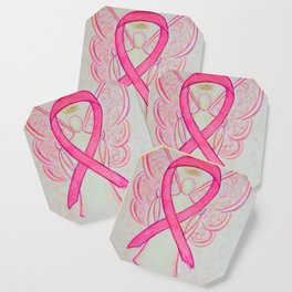 Pink Breast Cancer Awareness Ribbon Angel Art Painting Coaster