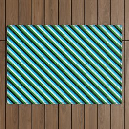 [ Thumbnail: Deep Sky Blue, Light Cyan, Forest Green & Black Colored Lines/Stripes Pattern Outdoor Rug ]