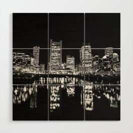 Boston Skyline Reflecting on the Fort Point Channel and Seaport Blvd Wood Wall Art