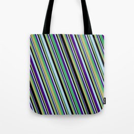 [ Thumbnail: Eye-catching Sea Green, Dark Khaki, Black, Light Blue, and Indigo Colored Striped/Lined Pattern Tote Bag ]