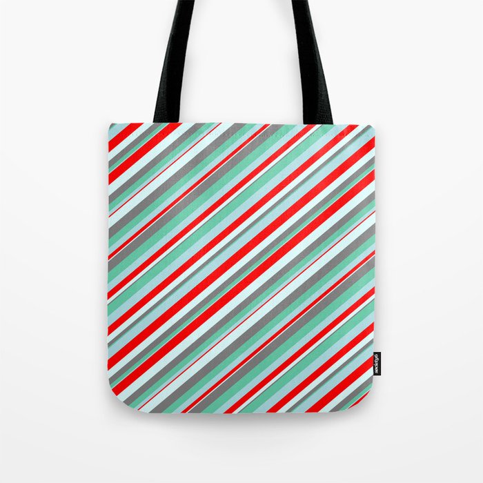 Eyecatching Aquamarine, Powder Blue, Red, Light Cyan, and Gray Colored Lines Pattern Tote Bag
