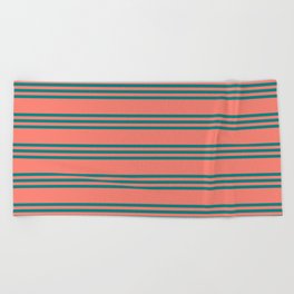 [ Thumbnail: Salmon and Teal Colored Striped/Lined Pattern Beach Towel ]