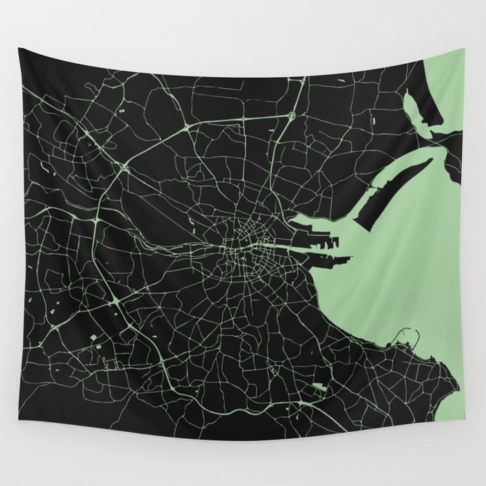 Dublin Street Map Black and Lime Green Wall Tapestry