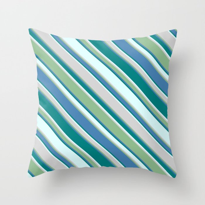 Eye-catching Light Cyan, Light Grey, Dark Sea Green, Blue, and Teal Colored Striped Pattern Throw Pillow