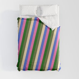 [ Thumbnail: Vibrant Dark Olive Green, Beige, Royal Blue, Hot Pink, and Dark Green Colored Lines Pattern Duvet Cover ]